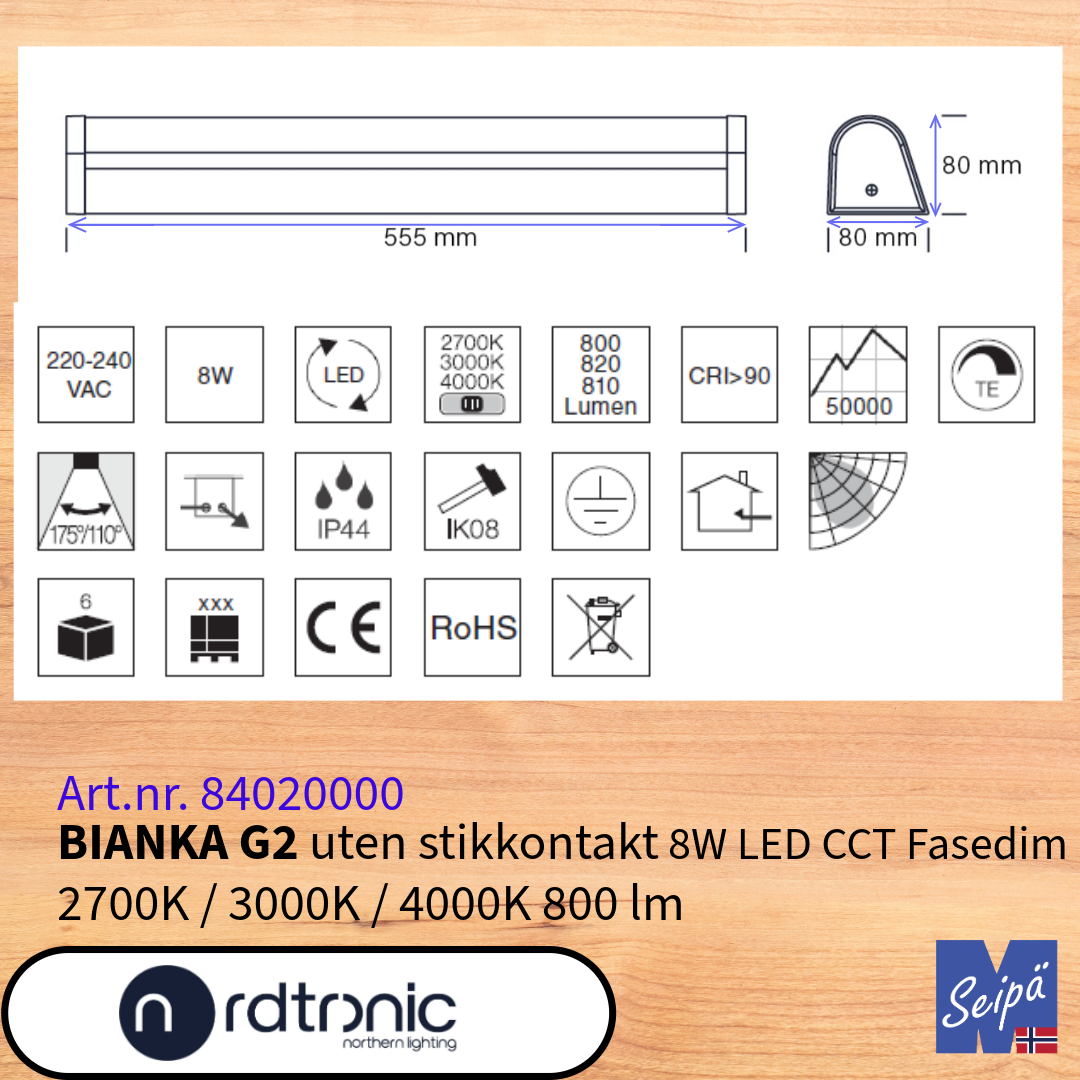 NORDTRONIC BIANKA G2 LED 8W 2700K/3000K/4000K speilbelysning bad med eller uten stikk uten LED-Driver for kabinett/skap/benk LED Art nr 84010000-84020000