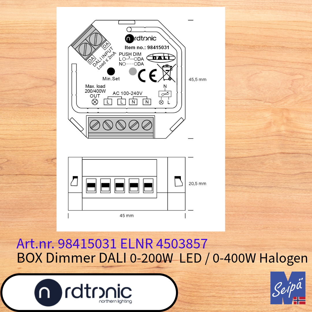 NORDTRONIC DALI Box dimmer for veggboks 200W LED / 400W halogen for plassering bak bryter Art nr 98415031