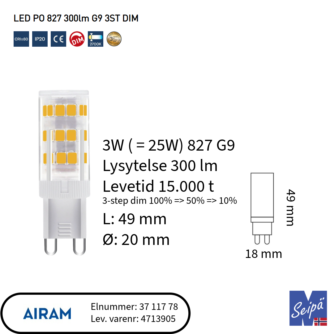 LED-lyskilde G9-kapsel 3-step DIM 3W 827 AIRAM