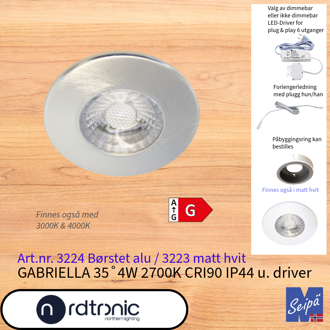 NORDTRONIC Gabriella 35˚ 4W 2700K benkspot uten LED-Driver for kabinett/skap/benk LED Art nr 3223 & 3224