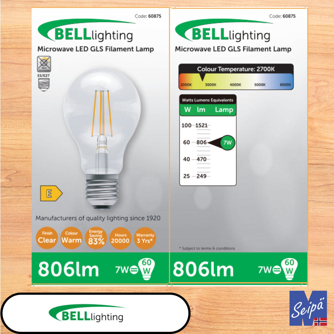 BELL LED-lyskilde 7W (=60W) 806 lumen med Mikrobølge bevegelsesdetektor EEK=E med skrusokkel, filament LED og klart glass 25.000 timer 3 års garanti Art nr 60875