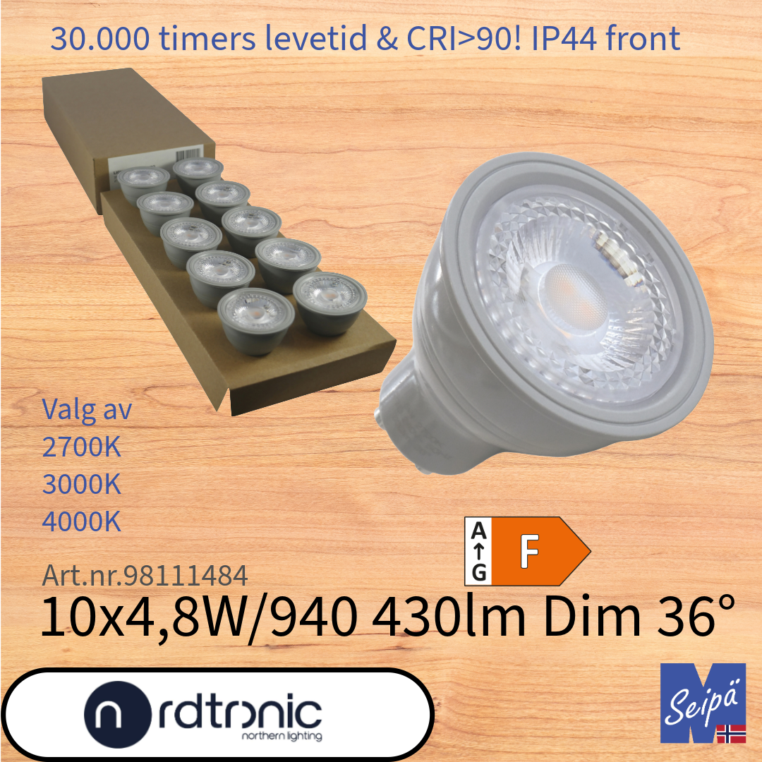 NORDTRONIC LED-lyskilde 10pk QPAR51 PAR16 grå GU10 36°, LED og 30.000 timer 2 års garanti 2700K 3000K 4000K Art.nr. 98111482-98111483-98111484