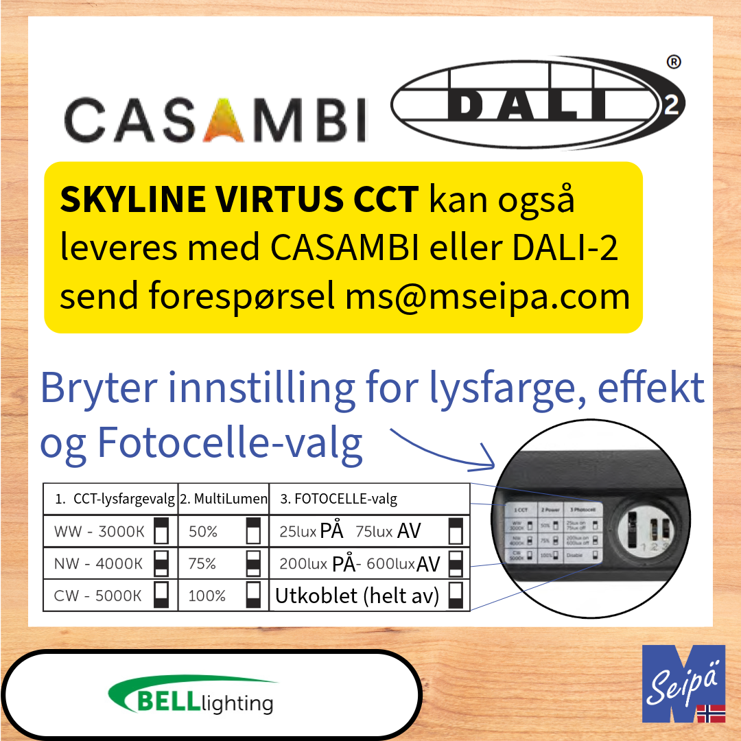 BELL SKYLINE VIRTUS CCT LED-lyskaster /830/840/850 CRI70 alt med multilumen og fotocelle Som tilvalg CASAMBI eller DALI-2