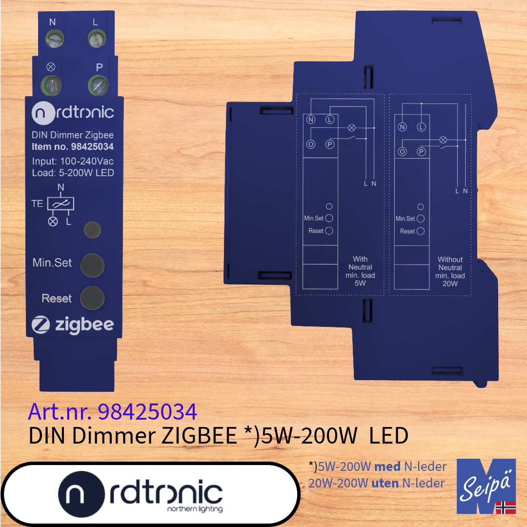 NORDTRONIC ZIGBEE LED-Dimmer for DIN-skinne 5W-200W LED for plassering i sikringsskap Art nr 98425034