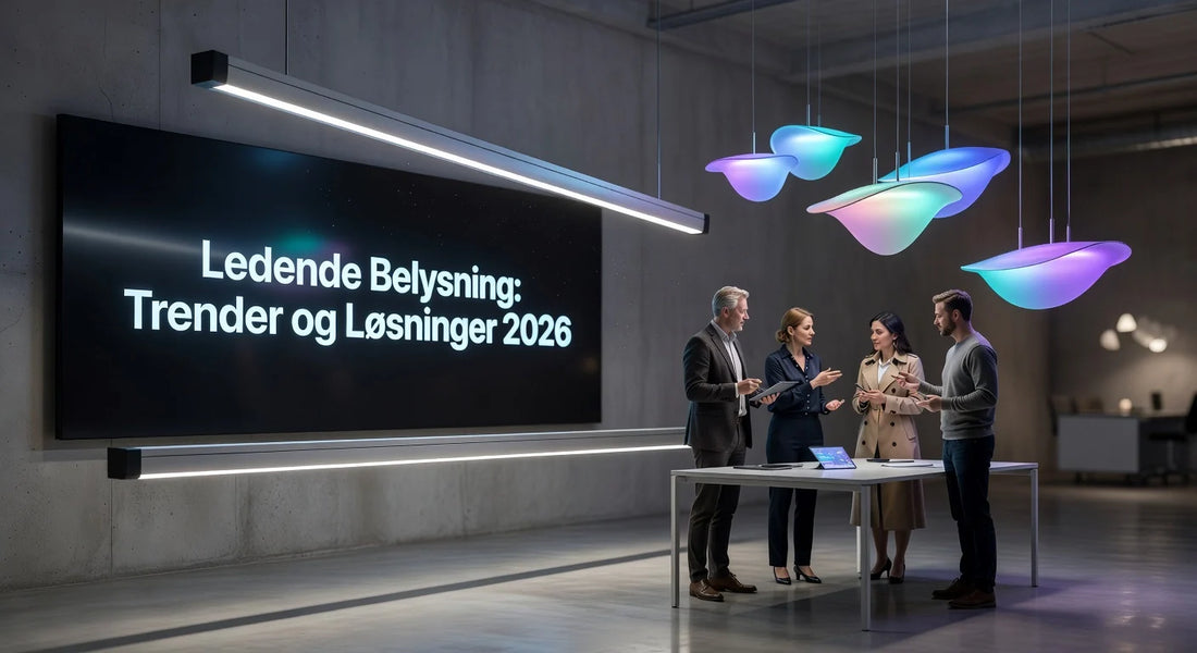 Professional header image for industry analysis: Ledende Belysning: Trender og Løsninger 2026