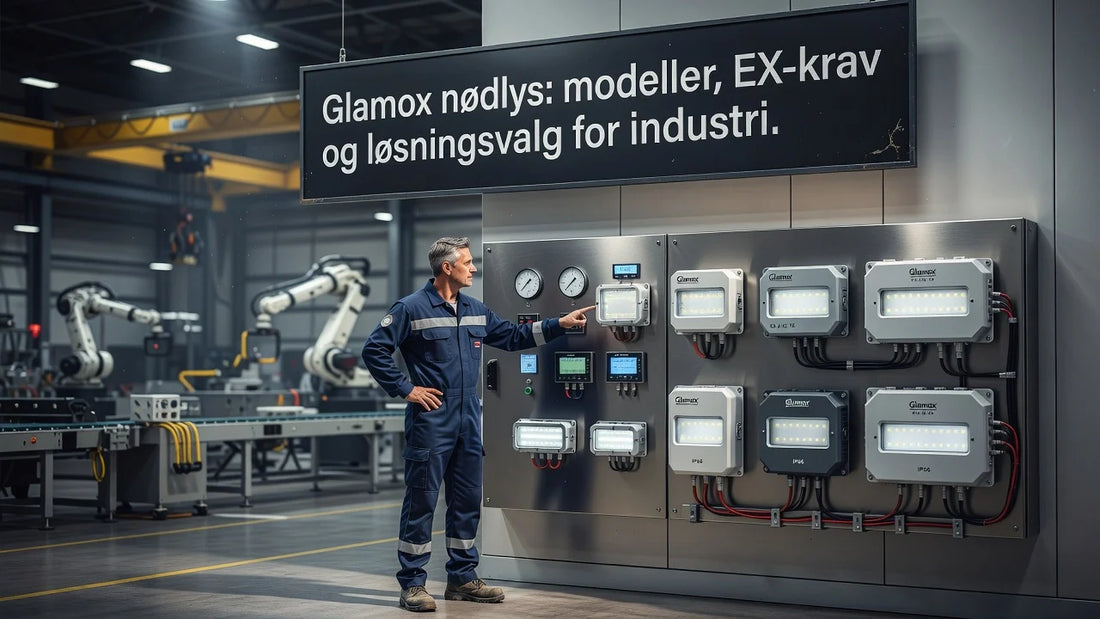 Professional header image for comparison analysis: Glamox nødlys: modeller, EX-krav og løsningsvalg for indu...