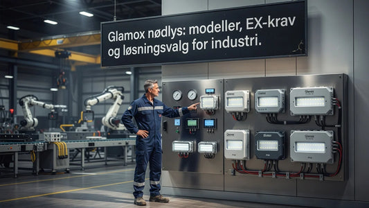 Professional header image for comparison analysis: Glamox nødlys: modeller, EX-krav og løsningsvalg for indu...