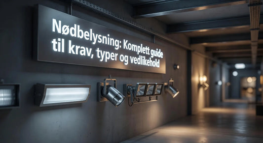 Professional header image for educational tutorial: Nødbelysning: Komplett guide til krav, typer og vedlikehold