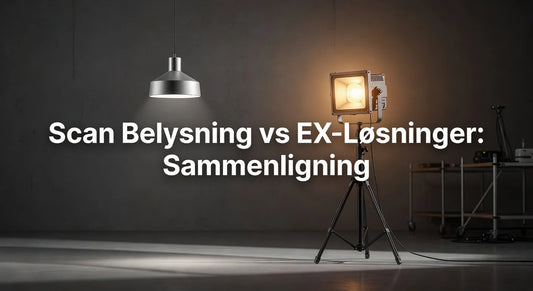 Professional header image for comparison analysis: Scan Belysning vs EX-Løsninger: Sammenligning
