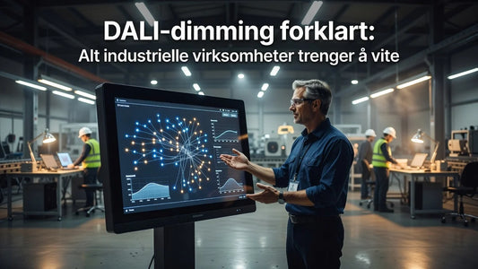 Professional header image for educational tutorial: DALI-dimming forklart: Alt industrielle virksomheter tren...