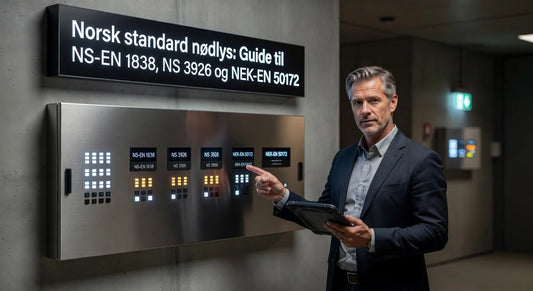 Professional header image for educational tutorial: Norsk standard nødlys: Guide til NS-EN 1838, NS 3926 og N...