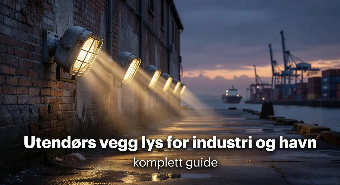 Professional header image for list-based article: Utendørs vegg lys for industri og havn – komplett guide