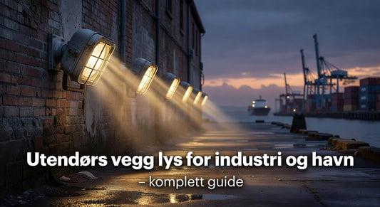 Professional header image for list-based article: Utendørs vegg lys for industri og havn – komplett guide