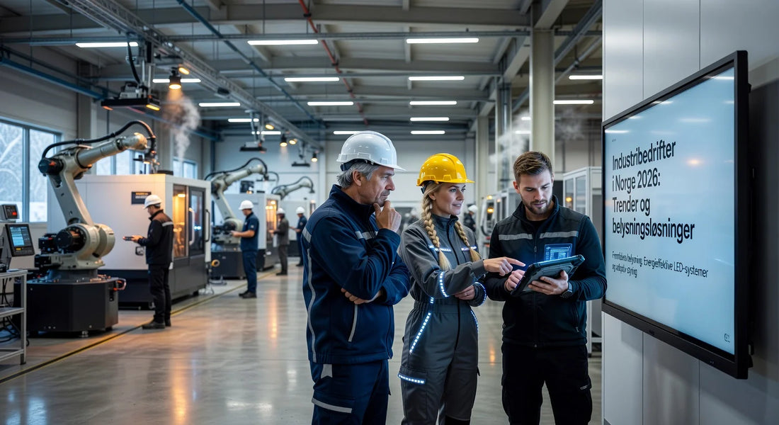 Professional header image for industry analysis: Industribedrifter i Norge 2026: Trender og belysningsløsn...