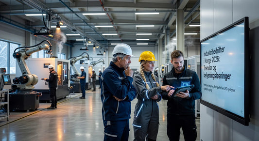 Professional header image for industry analysis: Industribedrifter i Norge 2026: Trender og belysningsløsn...