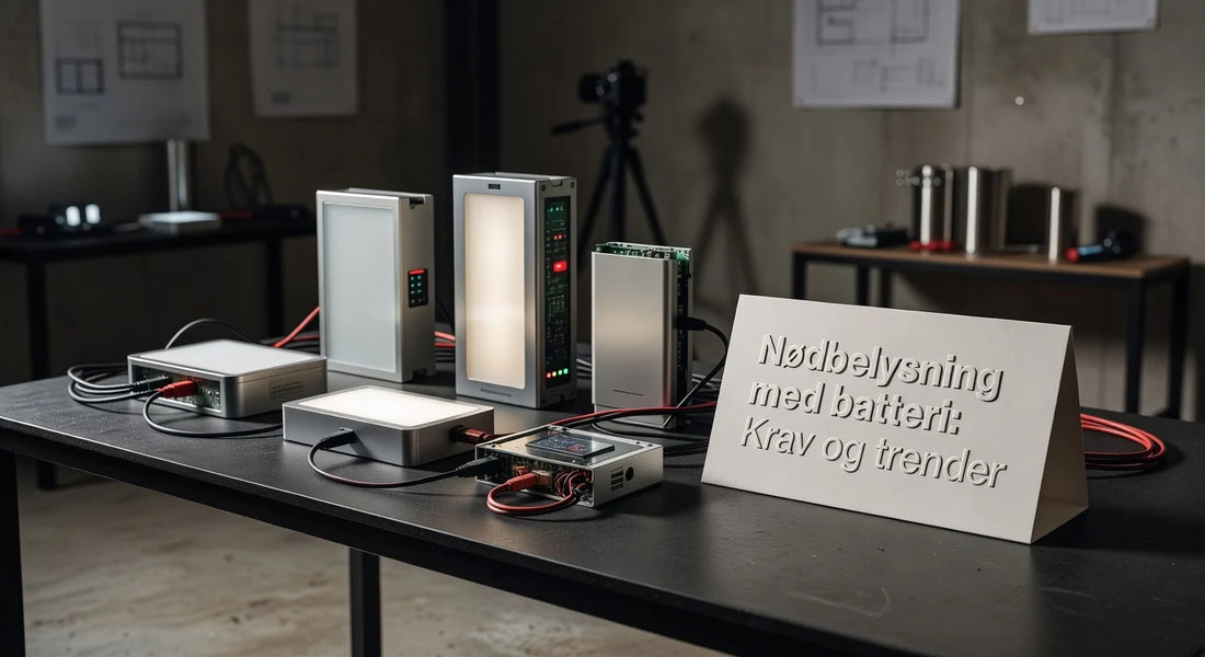 Professional header image for industry analysis: Nødbelysning med batteri: Krav og trender