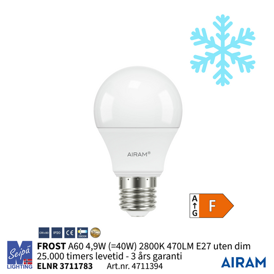 AIRAM FROST LED-lyskilde-serie for kalde bruksområder og utendørs vinterlandskap -40˚C til +40˚C skrusokkel, filament LED og opal glass 25.000 timer 3 års garanti Art nr 4711394-95-47411503-04-4714135