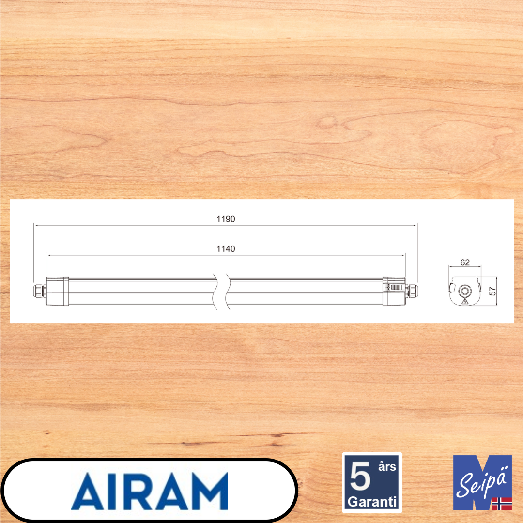 AIRAM INDUPROOF 1200 LED IP65 PC industri, gjennomkablet,  19W/24W/30W/35W PÅ/AV Art nr 4338605 ELNR 3320180
