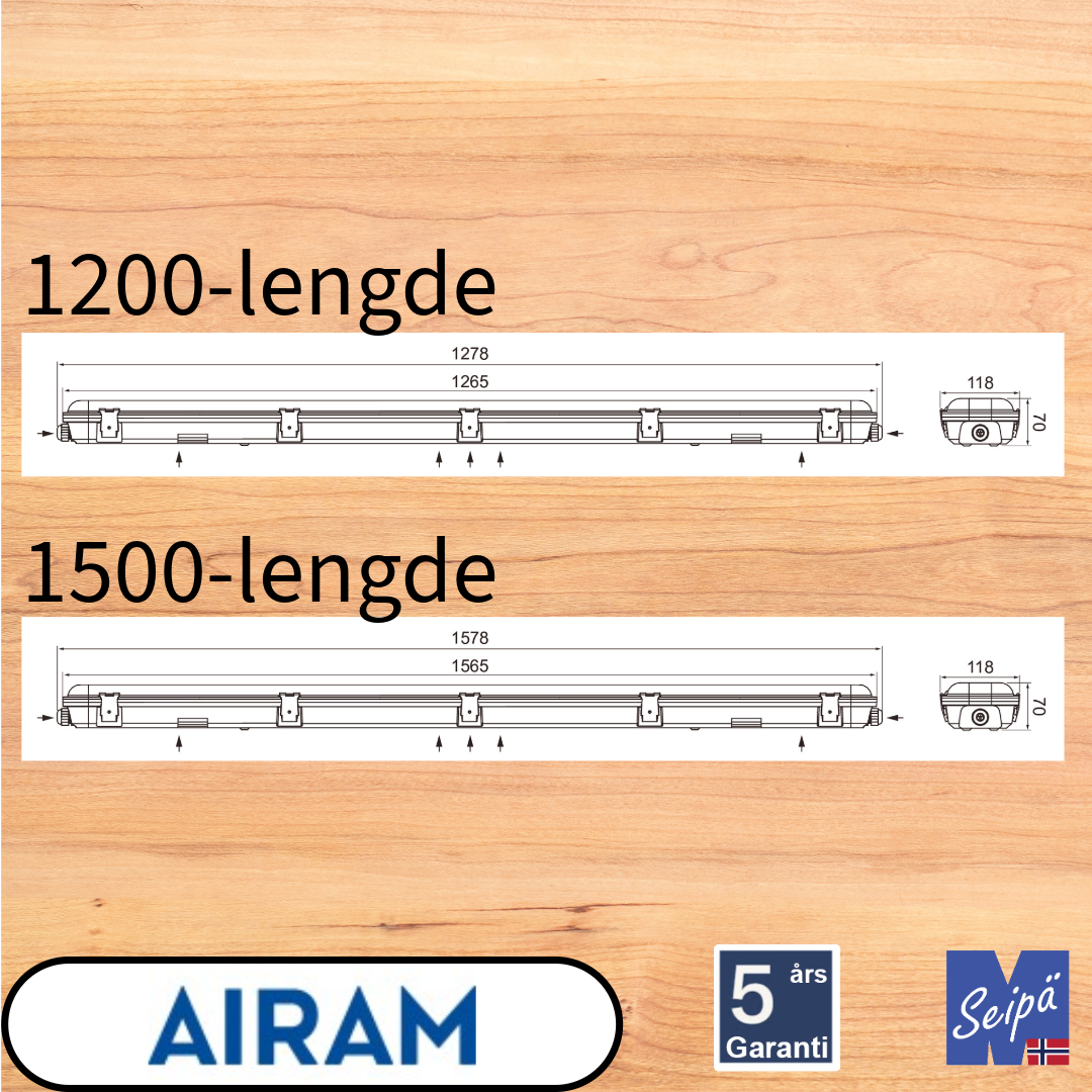 AIRAM Fresa Pro 1200 & 1500 LED IP65 PC industri, gjennomkablet, 4000K, PÅ/AV Art nr 4338594 & 4338595