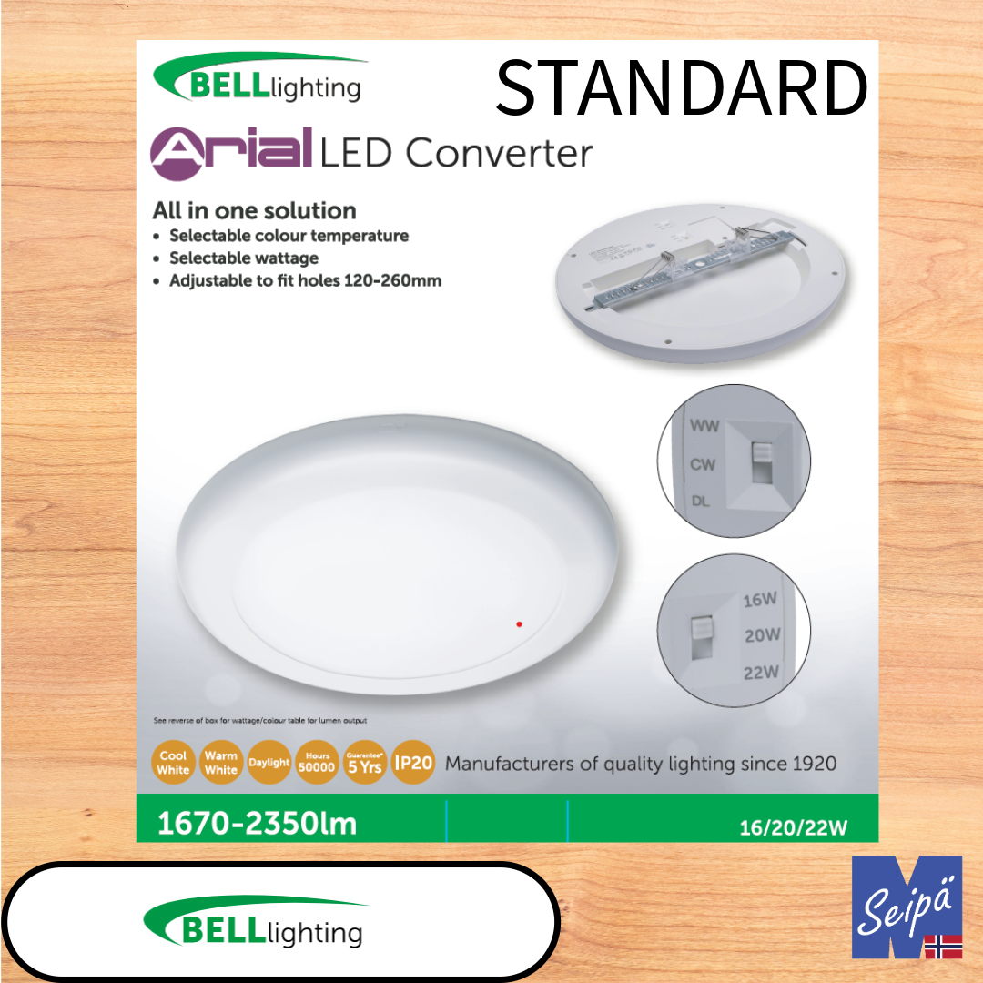BELL ARIAL LED Converter Standard & Large LED-downlight 3-trinn effektvalg 10W / 13W / 16W standard 16W / 20W / 22W large  /830/840/860 CRI85 alt med sensor eller nødlys