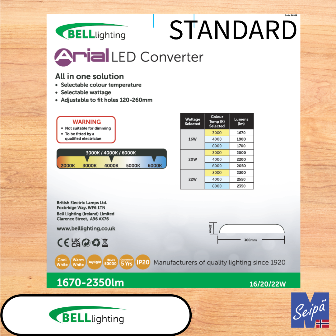 BELL ARIAL LED Converter Standard & Large LED-downlight 3-trinn effektvalg 10W / 13W / 16W standard 16W / 20W / 22W large  /830/840/860 CRI85 alt med sensor eller nødlys