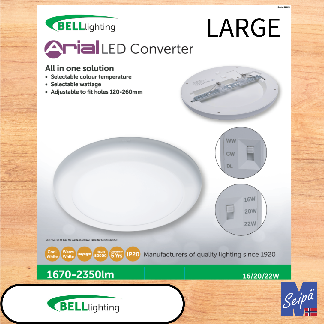 BELL ARIAL LED Converter Standard & Large LED-downlight 3-trinn effektvalg 10W / 13W / 16W standard 16W / 20W / 22W large  /830/840/860 CRI85 alt med sensor eller nødlys