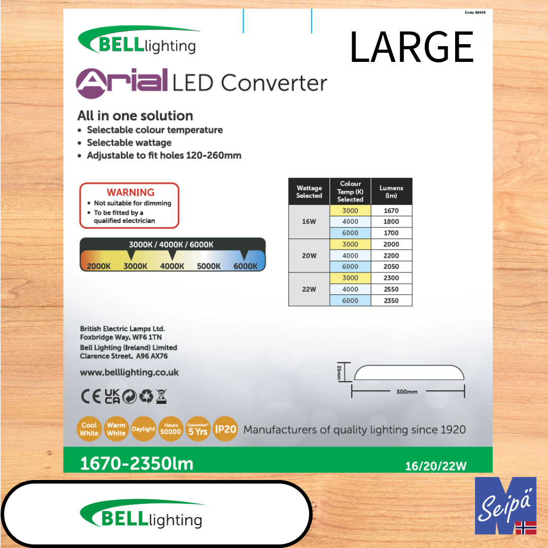BELL ARIAL LED Converter Standard & Large LED-downlight 3-trinn effektvalg 10W / 13W / 16W standard 16W / 20W / 22W large  /830/840/860 CRI85 alt med sensor eller nødlys