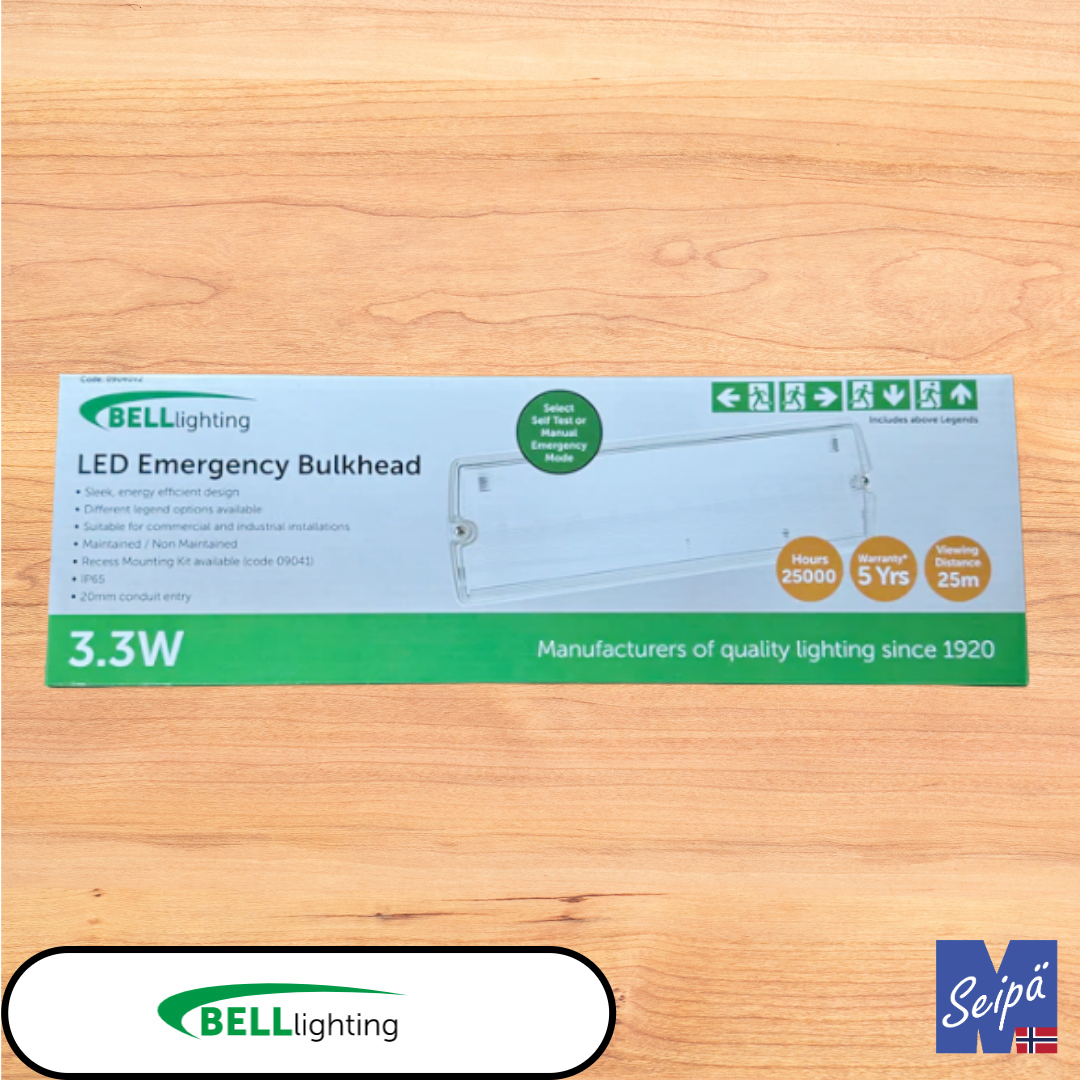 BELL Spectrum LED Bulkhead IP65 3,3W Nødlys m/selvtest og piktogrammer Art nr 09040V2 ELNR 6631951