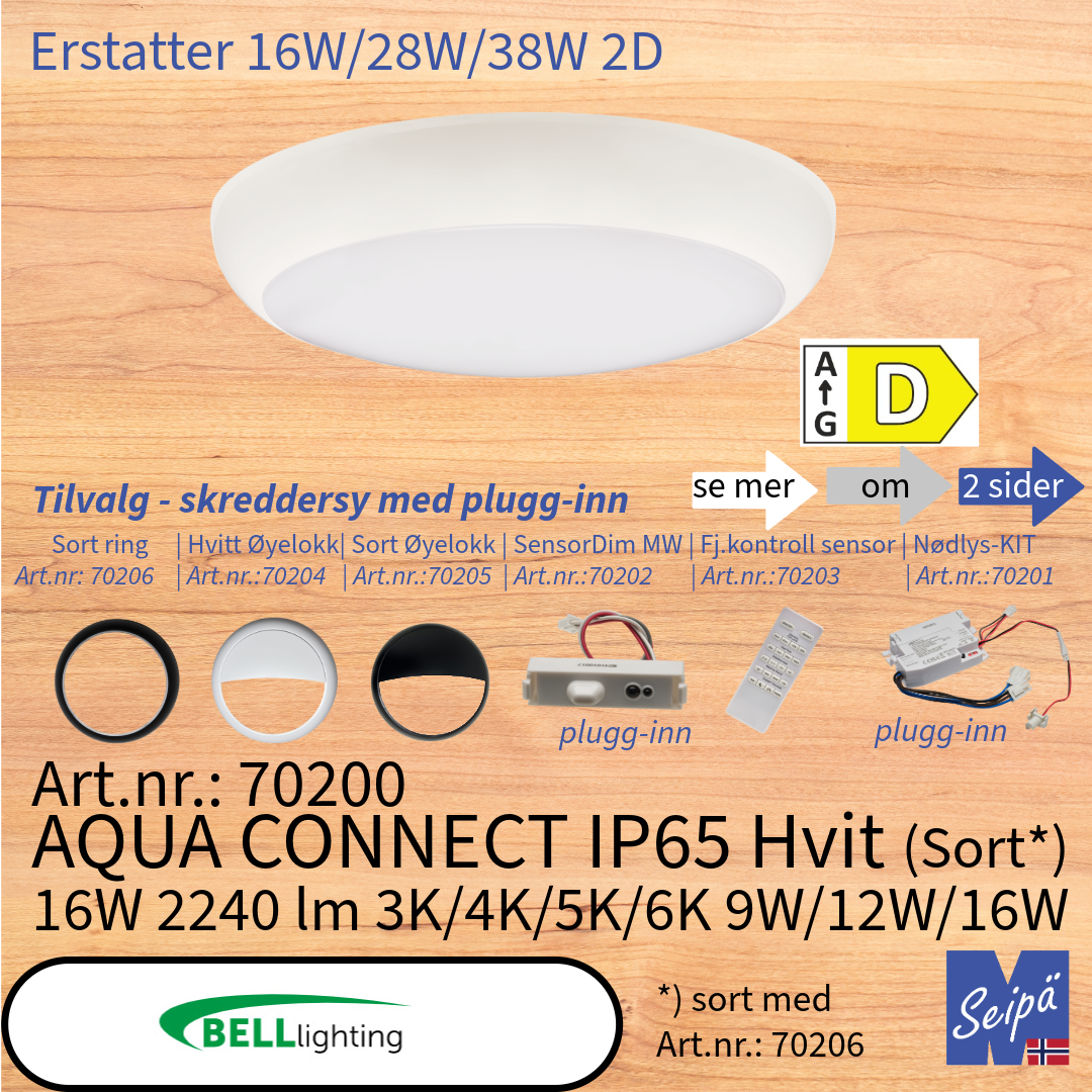 BELL AQUA CONNECT IP65 Bulkhead Hvit & Sort rund MultiLumen 9W-12W-16W 1.080-2.240 lm MultiKelvin 3K/4K/5K/6K tilbehør sort dekorring & sort hvit øyelokk & plug in nødlys-kit 3T selv-test & MW-sensor & fjernkontroll 50.000 timer 7 års garanti Art.nr.70200