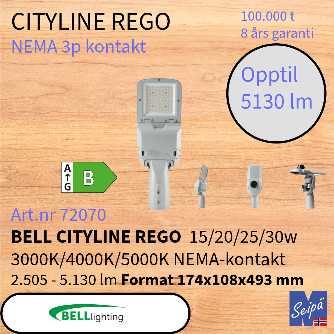 BELL CITYLINE REGO LED-veilys med 3-pins NEMA-sokkel MultiLumen MultiKelvin 15W-200W 2.505-34.200 lm 100.000 timer 8 års garanti Art.nr.72070-72071-72082-72073-72074-72075