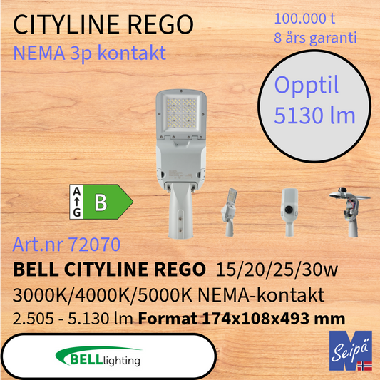 BELL CITYLINE REGO LED-veilys med 3-pins NEMA-sokkel MultiLumen MultiKelvin 15W-200W 2.505-34.200 lm 100.000 timer 8 års garanti Art.nr.72070-72071-72082-72073-72074-72075