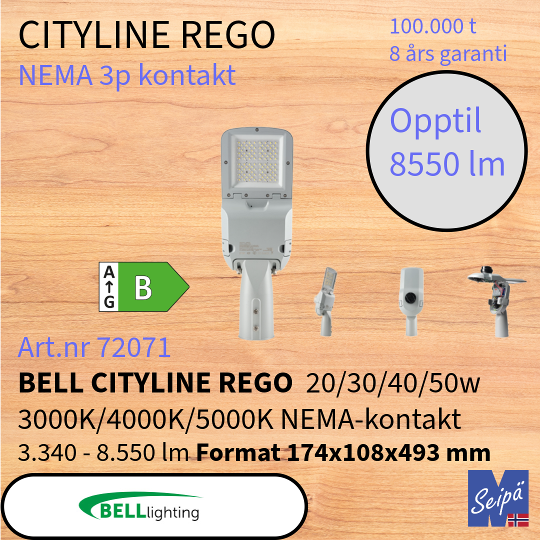 BELL CITYLINE REGO LED-veilys med 3-pins NEMA-sokkel MultiLumen MultiKelvin 15W-200W 2.505-34.200 lm 100.000 timer 8 års garanti Art.nr.72070-72071-72082-72073-72074-72075