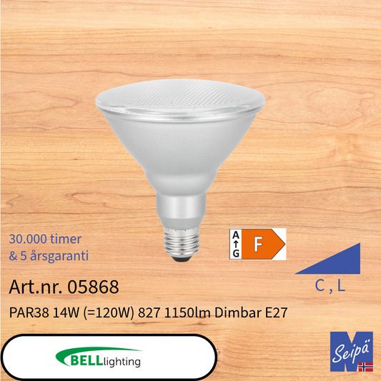BELL LED-lyskilde PAR-reflektor PAR38 PAR30 PAR25 PAR20 E27 PAR16 E14 reflektor EEK= F & G med skrusokkel, LED 30.000 timer 5 års garanti Art.nr. 05864 05865 05866 05867 05868