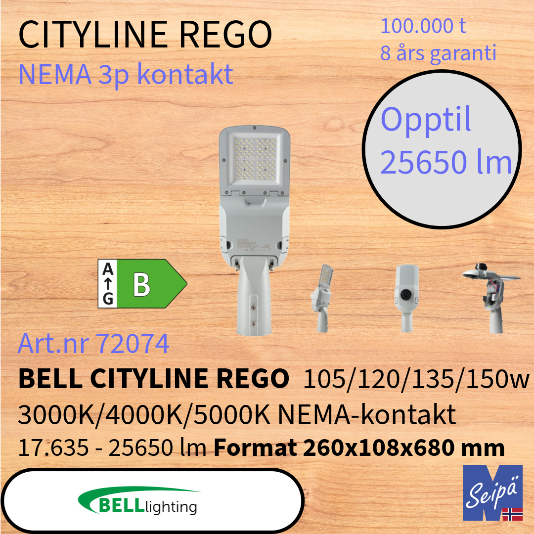 BELL CITYLINE REGO LED-veilys med 3-pins NEMA-sokkel MultiLumen MultiKelvin 15W-200W 2.505-34.200 lm 100.000 timer 8 års garanti Art.nr.72070-72071-72082-72073-72074-72075