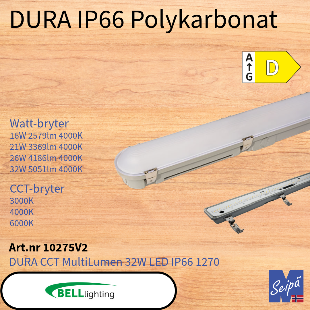 BELL DURA MULTI IP66 LED Polykarbonat /830/840/860 CRI85 alt med multilumen Som tilvalg sensor & nødlys