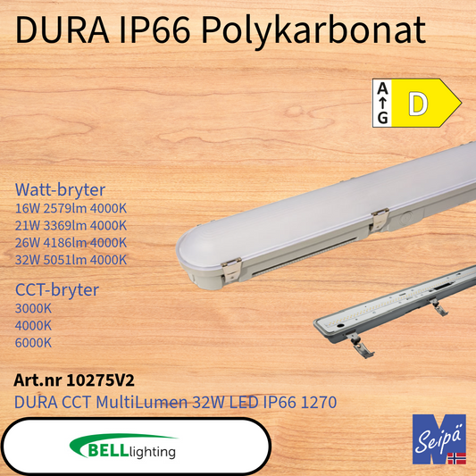 BELL DURA MULTI IP66 LED Polykarbonat /830/840/860 CRI85 alt med multilumen Som tilvalg sensor & nødlys
