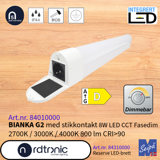 NORDTRONIC BIANKA G2 LED 8W 2700K/3000K/4000K speilbelysning bad med eller uten stikk  uten LED-Driver for kabinett/skap/benk LED Art nr 84010000-84020000