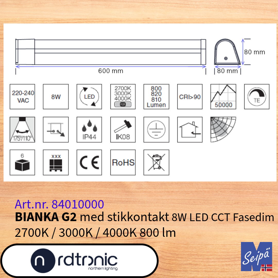 NORDTRONIC BIANKA G2 LED 8W 2700K/3000K/4000K speilbelysning bad med eller uten stikk  uten LED-Driver for kabinett/skap/benk LED Art nr 84010000-84020000