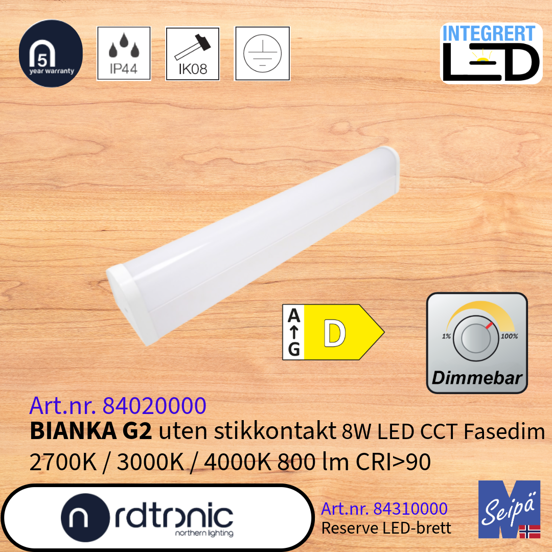 NORDTRONIC BIANKA G2 LED 8W 2700K/3000K/4000K speilbelysning bad med eller uten stikk  uten LED-Driver for kabinett/skap/benk LED Art nr 84010000-84020000