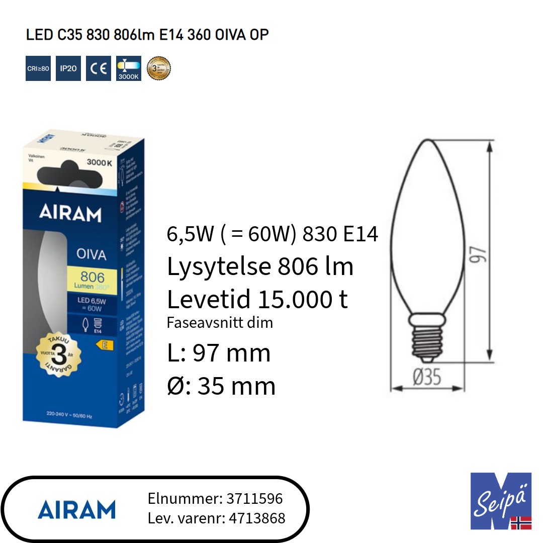 LED-lyskilde mignon C35 faseDIM 6,5W 830 AIRAM
