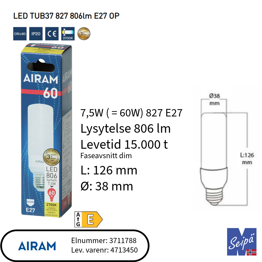 LED-lyskilde rørform T38 faseDIM 7W 827 AIRAM