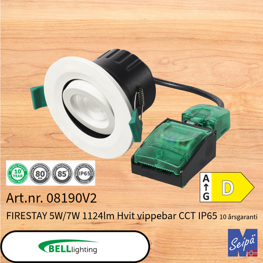 BELL FIRESTAY 5W/7W IP65 Hvit LED-downlight 2-trinn effektvalg 5W / 7W  4-trinn CCT /827/830/840/860 CRI85 Tilbehør frontringer og nødlys Art.nr.08190V2
