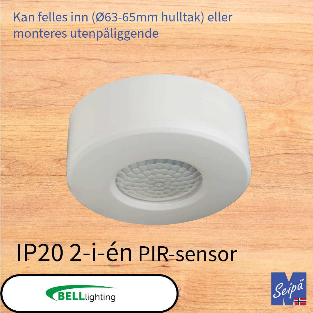 BELL sensor FOXBRIDGE IP20 2-i-én PIR-sensor tak innfelt eller utenpåliggende med kappe for kontor - korridor maks 400W LED 5 års garanti Art nr 70406