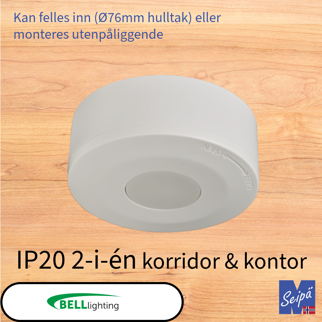 BELL sensor FOXBRIDGE IP20 2-i-én mikrobølgesensor tak innfelt eller utenpåliggende med kappe for kontor - korridor maks 1000W LED 5 års garanti Art nr 70400