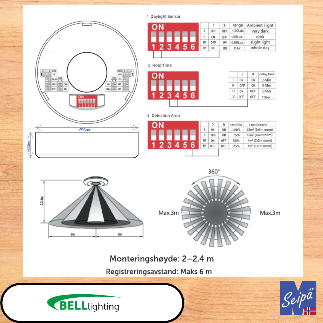 BELL sensor FOXBRIDGE IP20 2-i-én mikrobølgesensor tak innfelt eller utenpåliggende med kappe for kontor - korridor maks 1000W LED 5 års garanti Art nr 70400