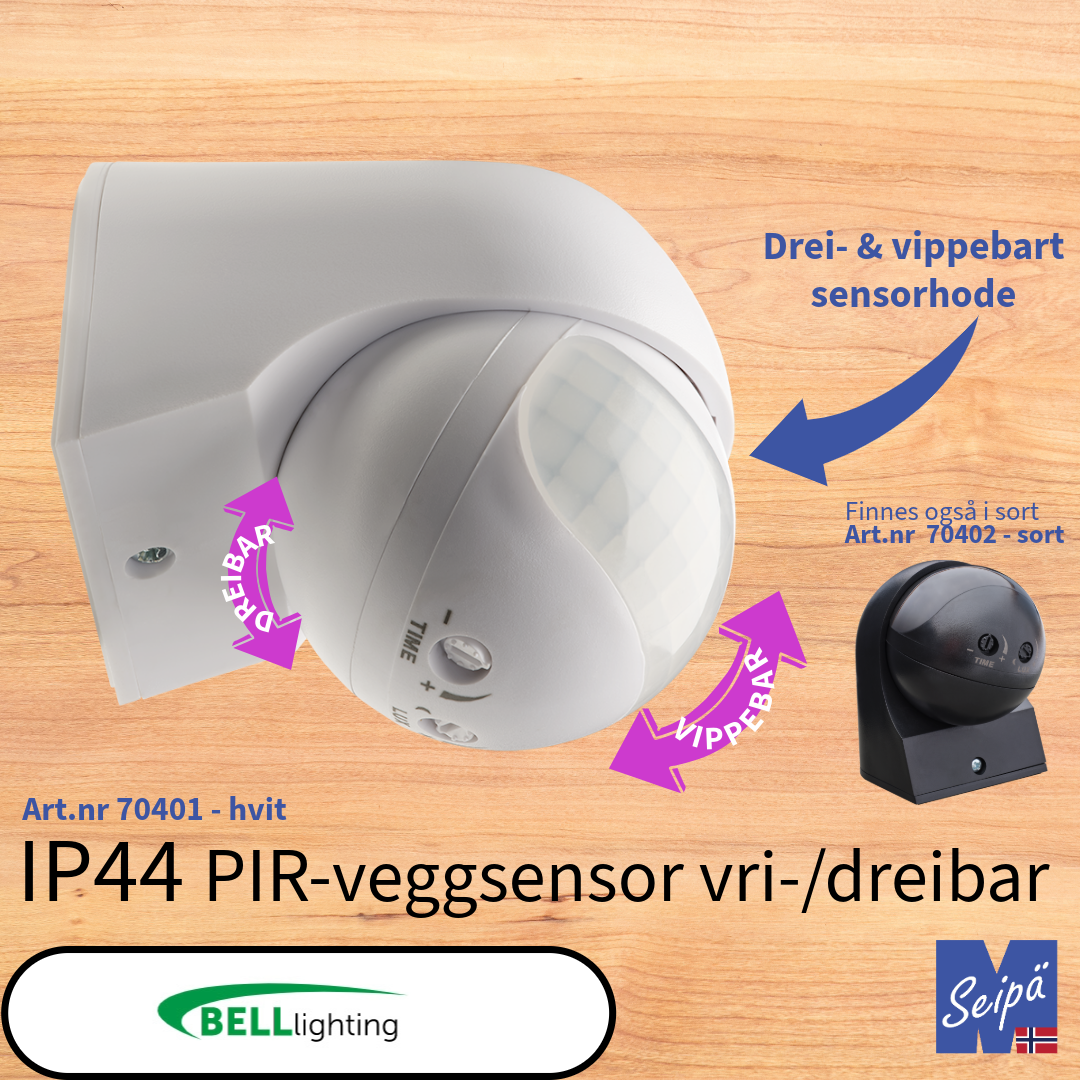 BELL sensor FOXBRIDGE IP44 PIR-sensor vegg utenpåliggende med drei- & vippebart sensor-hode for veranda - korridor maks 400W LED 5 års garanti Art nr 70401 & 70402