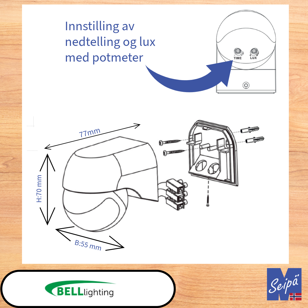 BELL sensor FOXBRIDGE IP44 PIR-sensor vegg utenpåliggende med drei- & vippebart sensor-hode for veranda - korridor maks 400W LED 5 års garanti Art nr 70401 & 70402