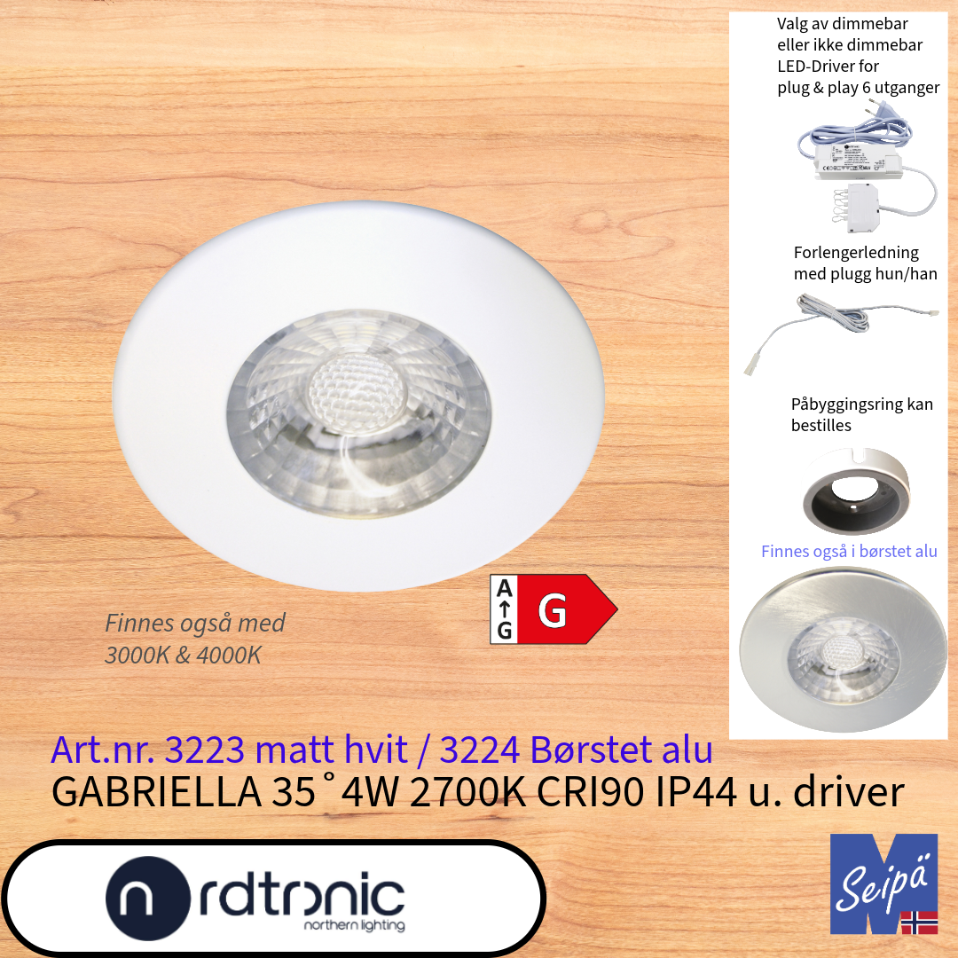 NORDTRONIC Gabriella 35˚ 4W 2700K benkspot  uten LED-Driver for kabinett/skap/benk LED Art nr 3223 & 3224