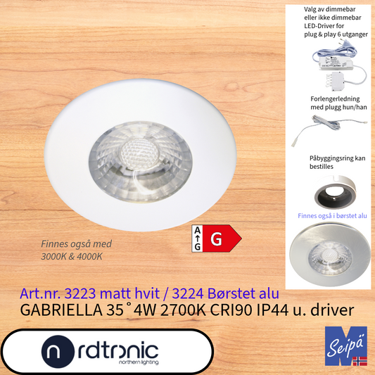 NORDTRONIC Gabriella 35˚ 4W 2700K benkspot  uten LED-Driver for kabinett/skap/benk LED Art nr 3223 & 3224