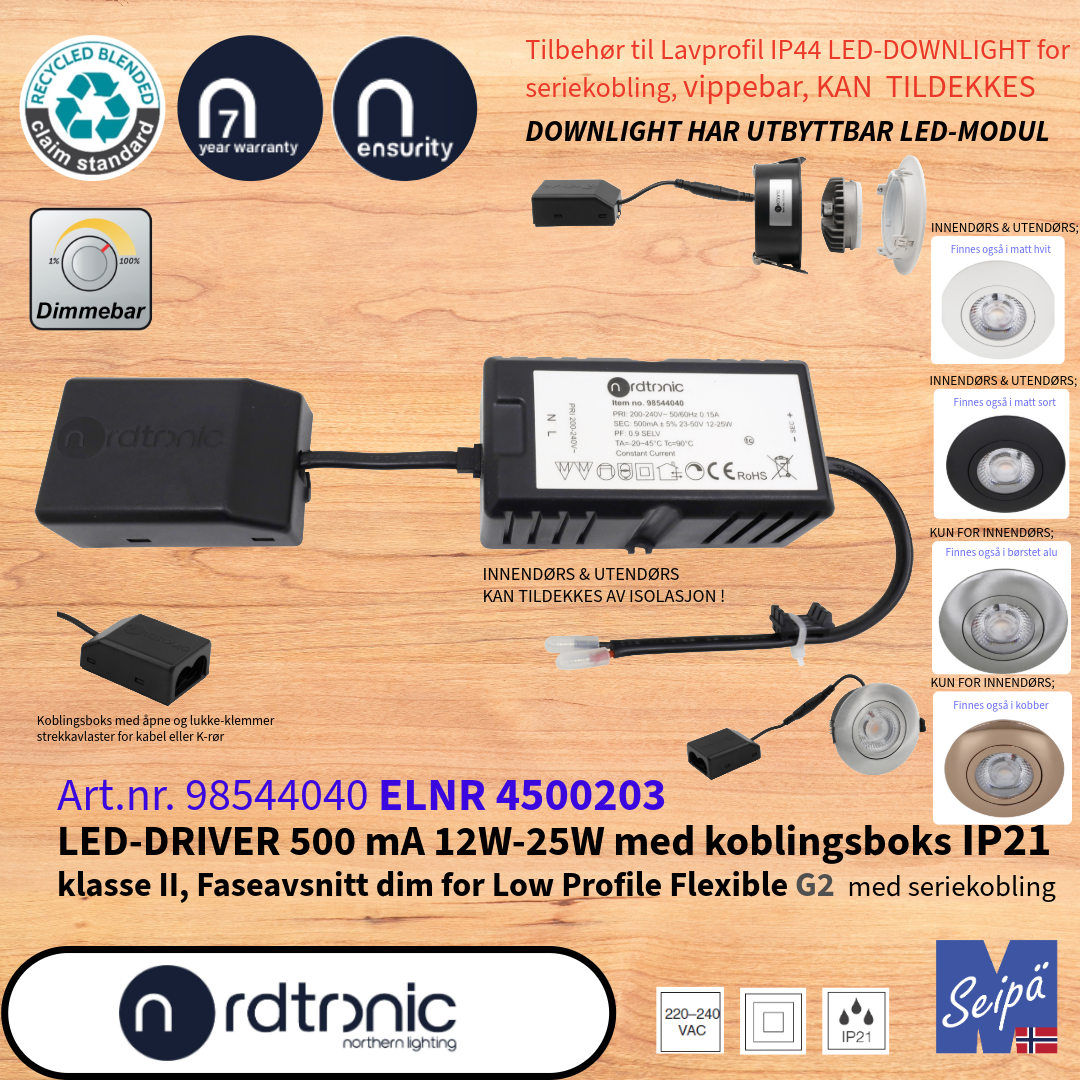 NORDTRONIC LED-DRIVER CC 500mA IP20 25W for LOW PROFILE FLEXIBLE G2 innendørs og utendørs Art.nr. 98544040 ELNR 4500203